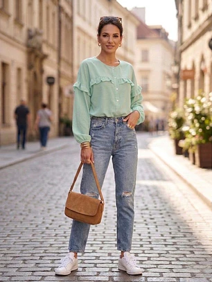 Blusa Verde Menta Mujer con Vuelos Casual | Carobaska