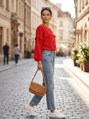Blusa Mujer Roja con Vuelos Manga Larga.