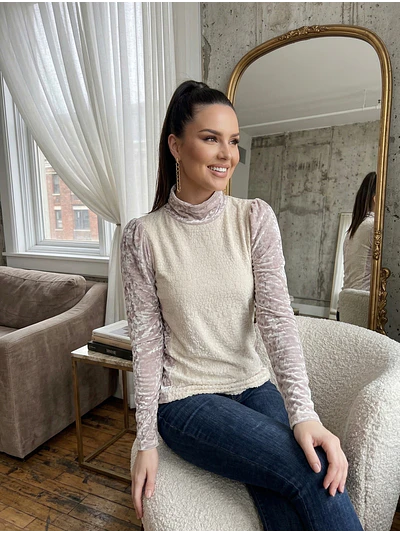 Sweater Mujer Perlado Terciopelo y Corderito Cuello Alto