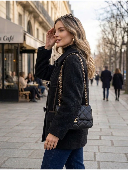 Abrigo Negro Mujer Estilo Montgomery de Invierno 7