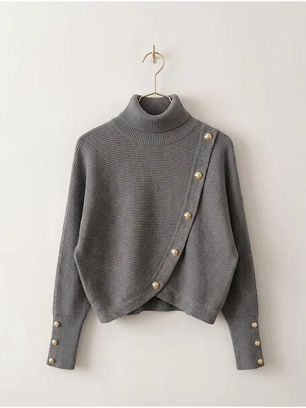 Sweater Gris Mujer Manga Murciélago de Cuello Alto con Botones 2