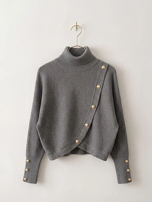 Sweater Gris Mujer Manga Murciélago de Cuello Alto con Botones | Carobaska