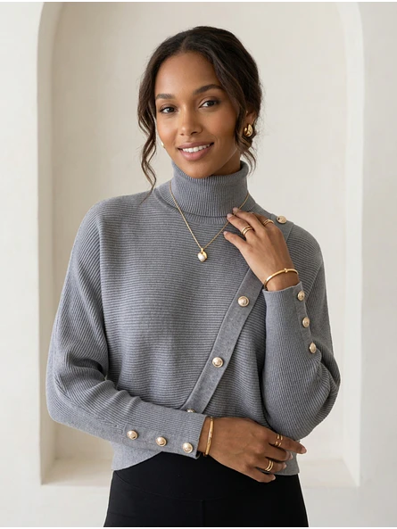 Sweater Gris Mujer Manga Murciélago de Cuello Alto con Botones 5