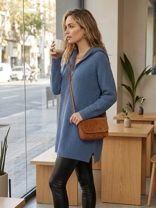 Sweater Largo Mujer con Gorro Color Azul | Carobaska