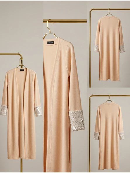 Cardigan Largo Mujer Crema con puños de Lentejuelas 7