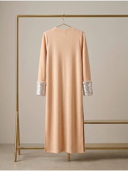 Cardigan Largo Mujer Crema con puños de Lentejuelas 6