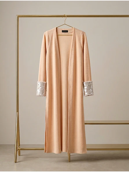 Cardigan Largo Mujer Crema con puños de Lentejuelas 5