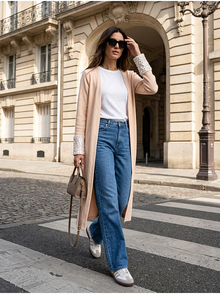 Cardigan Largo Mujer Crema con puños de Lentejuelas 3