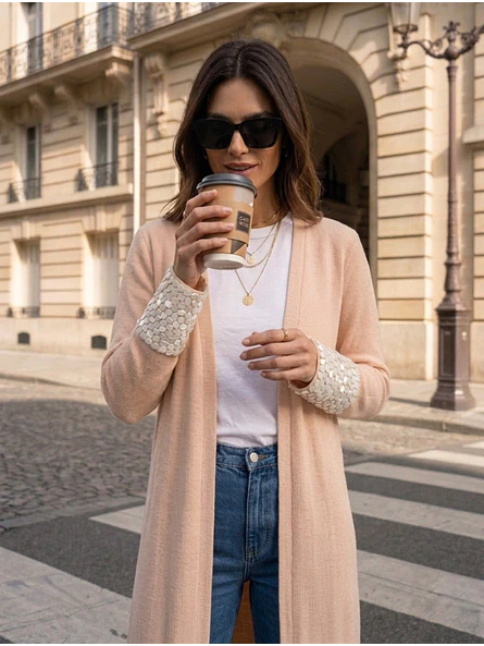 Cardigan Largo Mujer Crema con puños de Lentejuelas 1