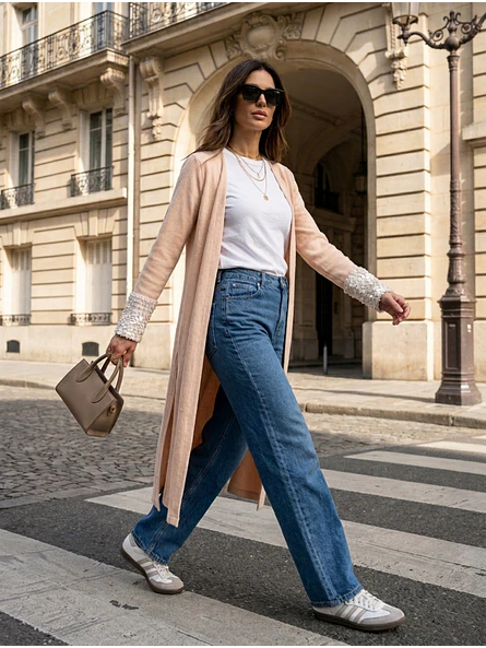 Cardigan Largo Mujer Crema con puños de Lentejuelas 2