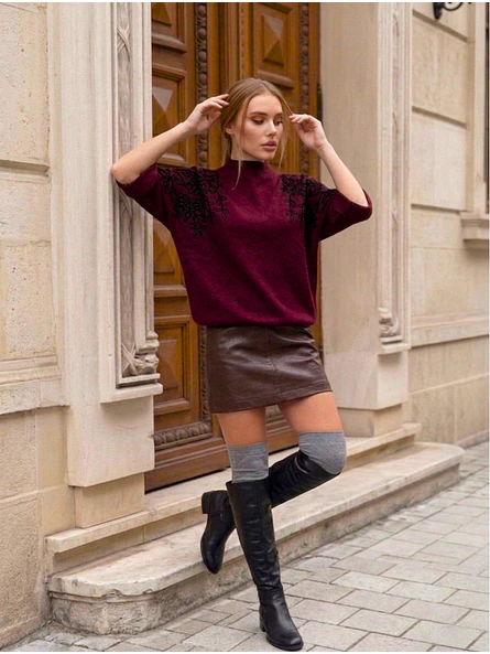 Sweater Burdeo Mujer Manga Murciélago Bordado 5