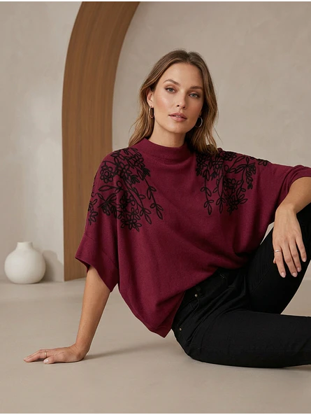 Sweater Burdeo Mujer Manga Murciélago Bordado 6