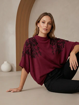 Sweater Burdeo Mujer Manga Murciélago Bordado