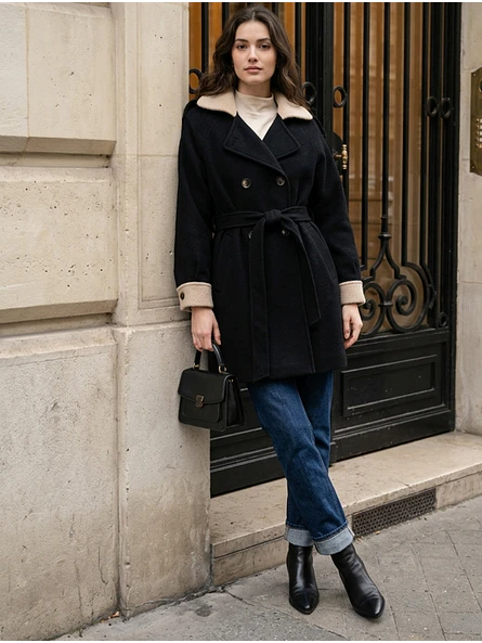 Abrigo negro mujer con detalle crema lanilla elasticada diseño para todas las tallas