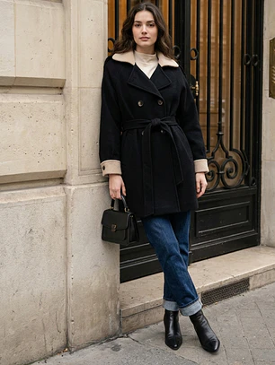 Abrigo Negro Mujer con Cuello Crema Elegante | Carobaska