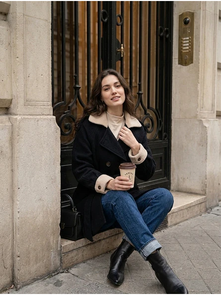 Abrigo Negro Mujer con Cuello Crema Elegante  2