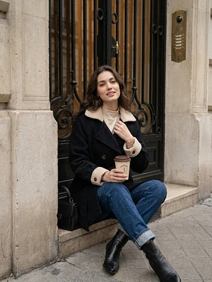 Abrigo Negro Mujer con Cuello Crema Elegante | Carobaska