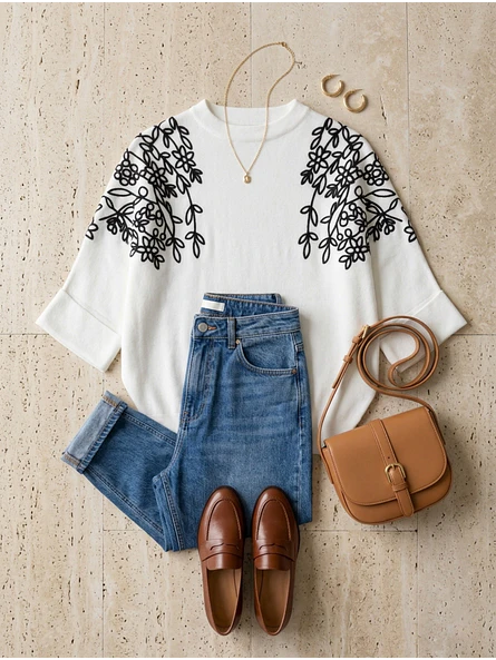 Sweater Blanco Mujer Manga Murciélago Bordado 6