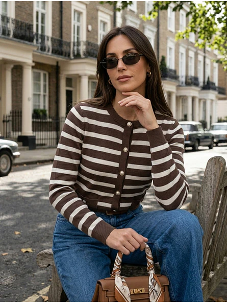 Chaleco de Rayas Mujer Café Estilo Minimalista | Carobaska 1