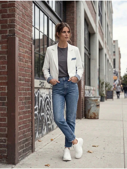 Blazer Blanco Mujer Corto con Mangas de Mezclilla | Carobaska 10