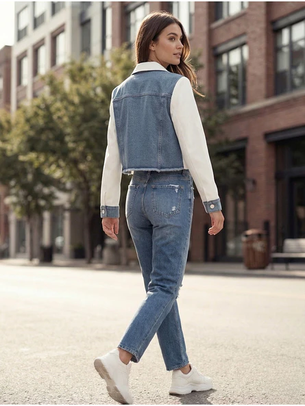 Blazer Blanco Mujer Corto con Mangas de Mezclilla | Carobaska 9