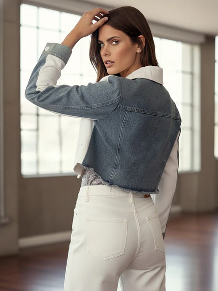 Blazer Blanco Mujer Corto con Mangas de Mezclilla | Carobaska 7