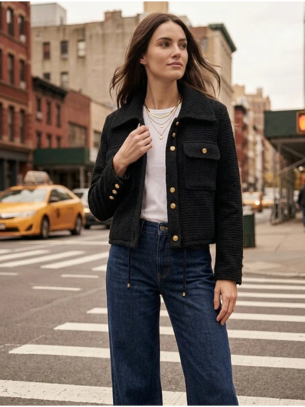 Chaqueta negra mujer con botones dorados estilo Old Money minimalista Carobaska