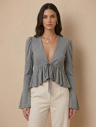 Polera Gris Mujer Manga Globo Casual | Carobaska