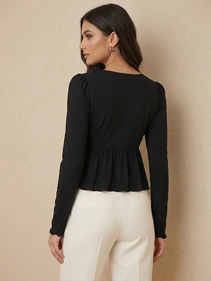 Polera Negra Mujer Manga Globo Casual | Carobaska