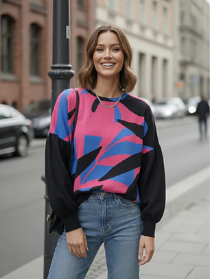 Polera Mujer Rib Estampada con Mangas Globo | Diseño de Autor Carobaska