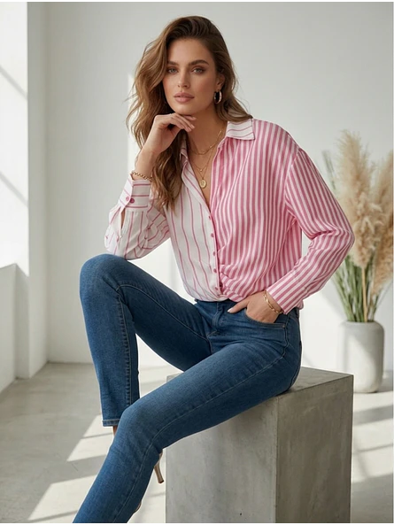 Blusa de Rayas Mujer Rosada Estilo Casual 4
