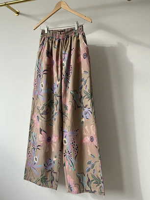 Pantalón Palazzo Mujer Beige con Flores Pastel | Carobaska