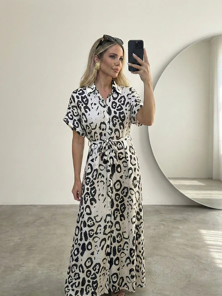 Vestido Camisero Animal Print Blanco Mujer 3