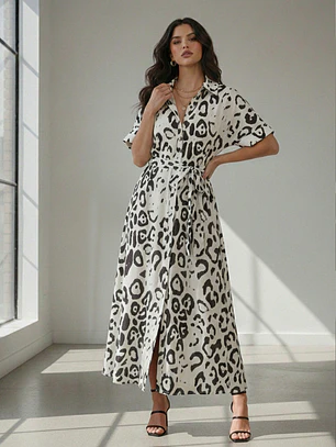 Vestido Camisero Animal Print Blanco Mujer