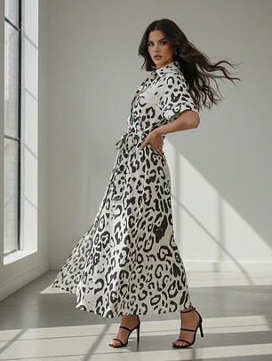Vestido Camisero Animal Print Blanco Mujer