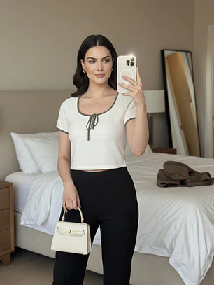 Polera Mujer con Lazo Blanca con Vivo Verde Olivo | Carobaska