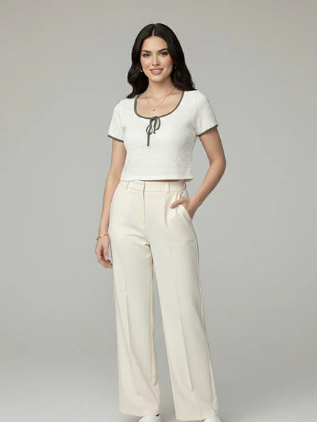 Crop top Acanalado Blanco Lazo Verde Olivo 3