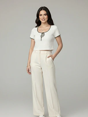 Polera Mujer con Lazo Blanca con Vivo Verde Olivo | Carobaska