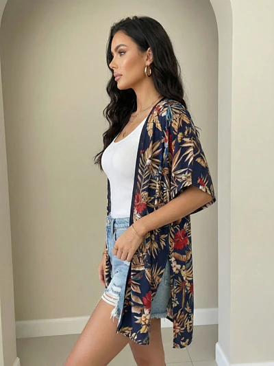 Tapado Kimono Mujer Azul Estampado Tropical