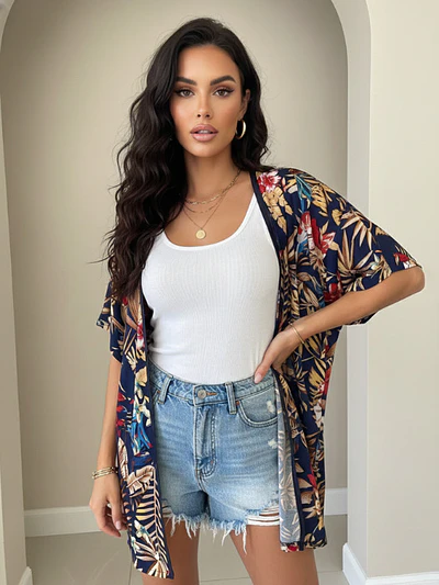 Tapado Kimono Mujer Azul Estampado Tropical