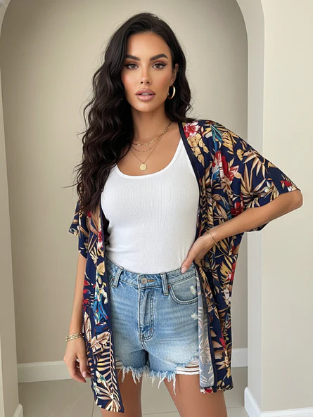 Tapado Kimono Mujer Azul Estampado Tropical 1