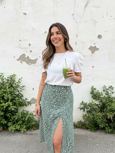 Falda Midi Mujer Verde con Estampado Floral y abertura
