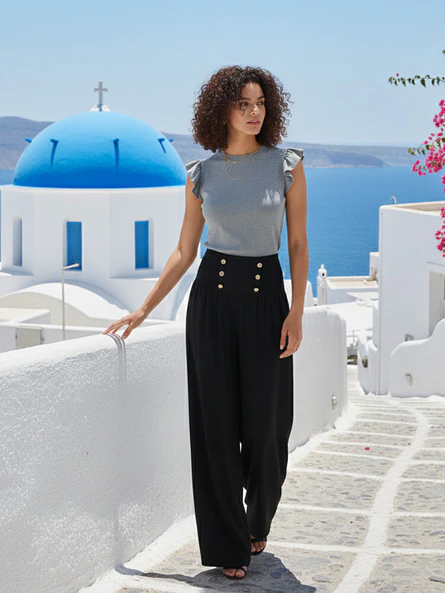 Pantalón Palazzo Mujer Negro Tiro Alto  4