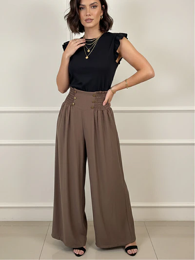 Pantalón Palazzo Mujer Café Estilo Lino 