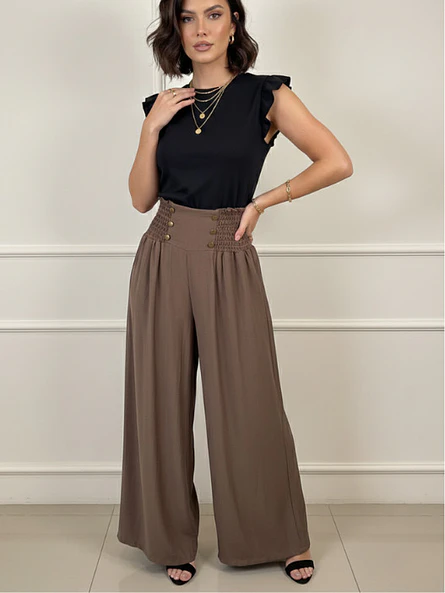 Pantalón Palazzo Mujer Café Estilo Lino  2