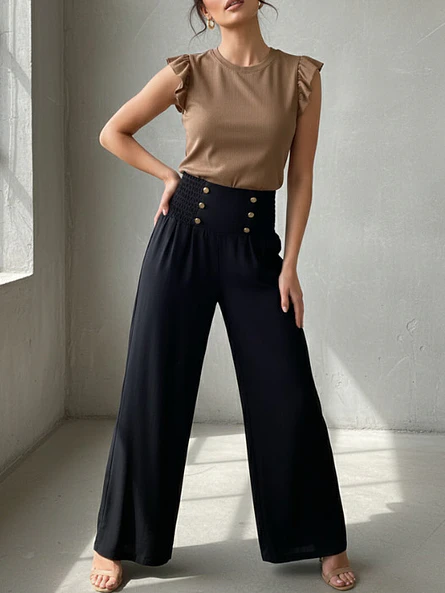 Pantalón Palazzo Mujer Café Estilo Lino  4