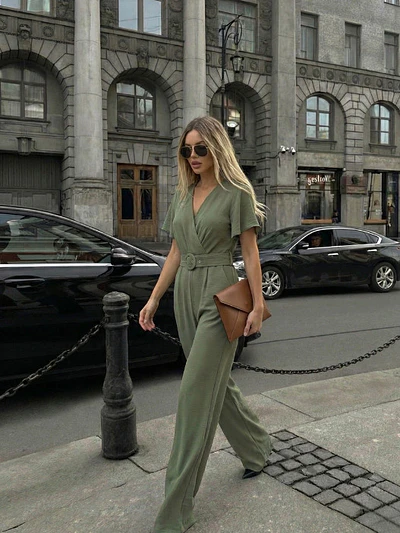 Enterito Largo Mujer Verde Olivo Elegante de Crepe