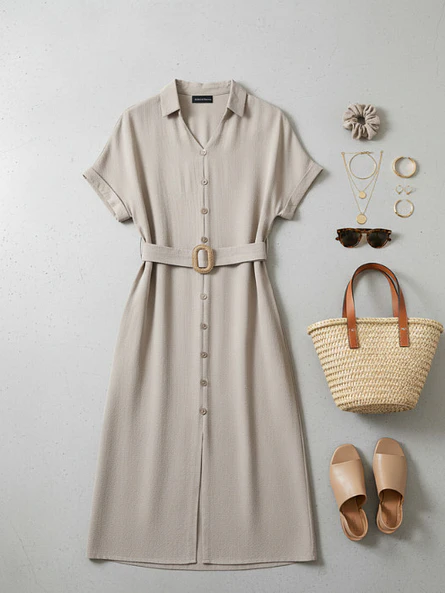 Vestido Camisero Midi Mujer Beige con Cinturón 4
