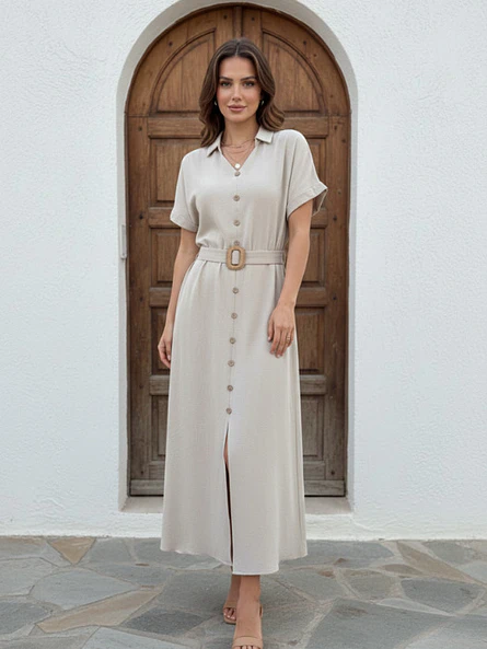 Vestido Camisero Midi Mujer Beige con Cinturón 5