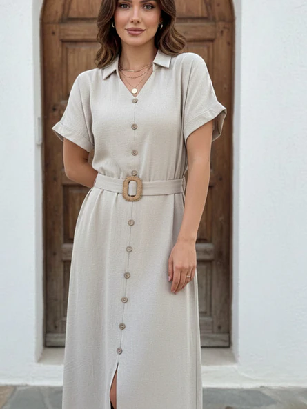 Vestido Camisero Midi Mujer Beige con Cinturón 6